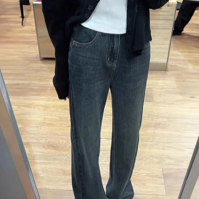 蓝灰直筒牛仔裤女春秋大码胖妹妹mm高腰显瘦阔腿长裤梨形身材裤子