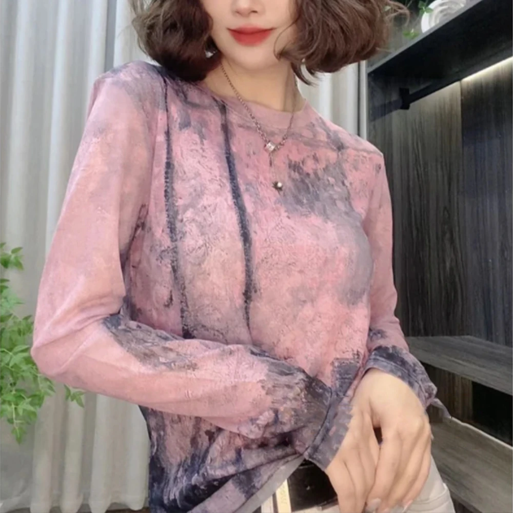 粉黛  气质时尚休闲潮流设计透气网纱印花长袖百搭T恤上衣女1749