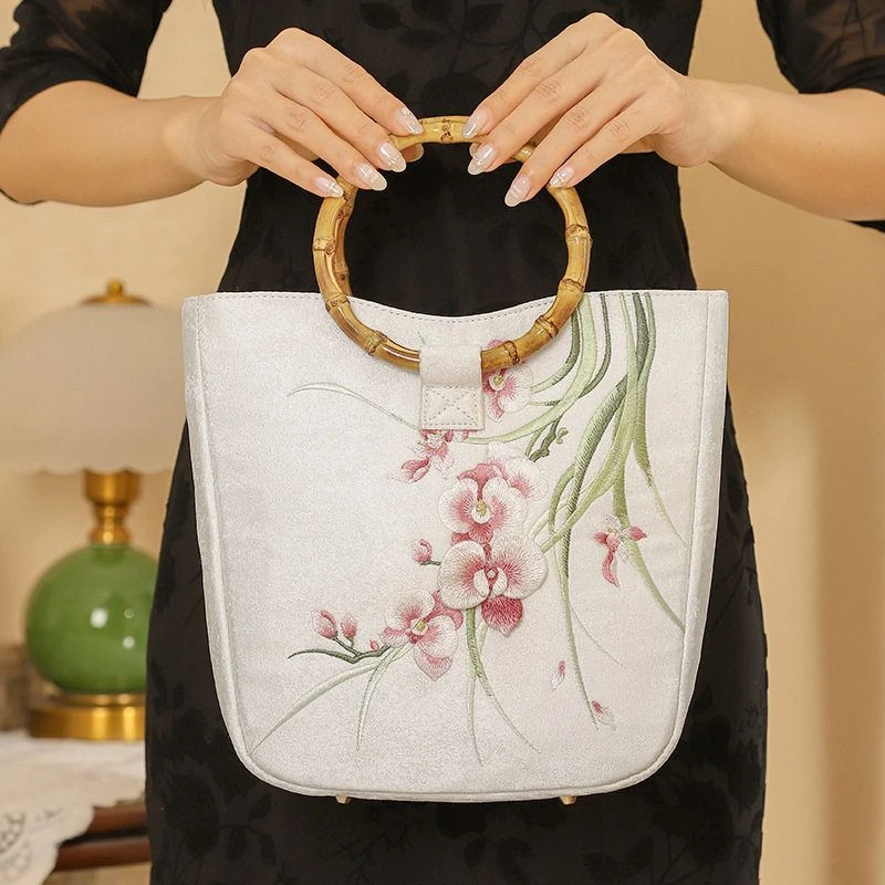 【花开忘忧】绣花手提包中国风旗袍汉服手拿包绣花水桶包大容量女包