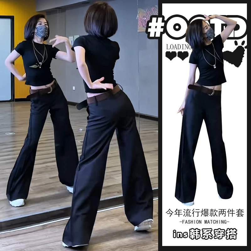 辣妹时尚短袖上衣夏季梨型身材高腰显瘦百搭西装阔腿裤两件套