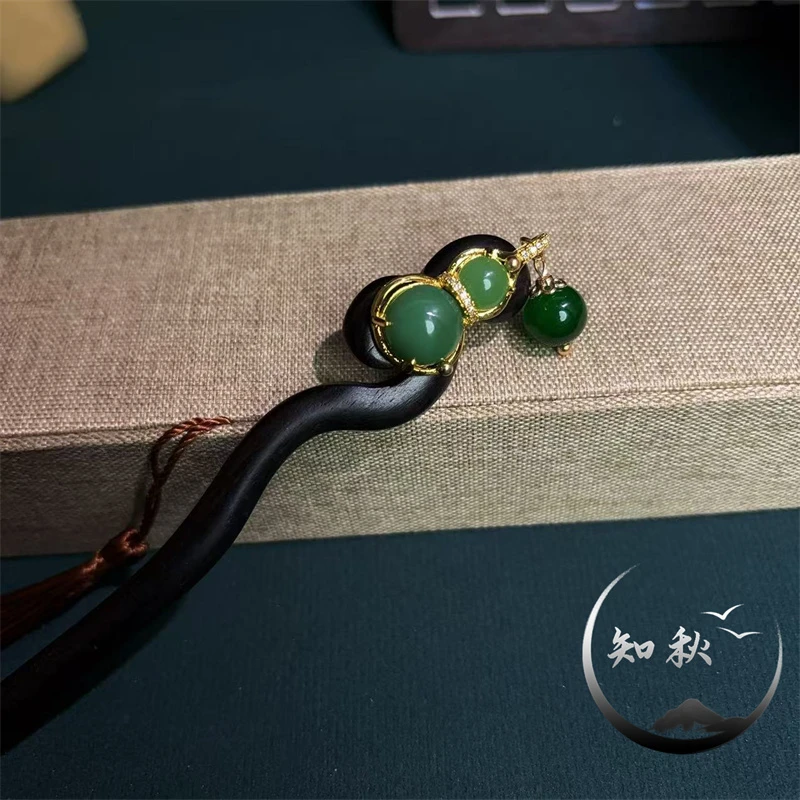 【翠绿葫芦】古风紫光檀木葫芦发簪女盘发汉服新中式汉服配饰a451