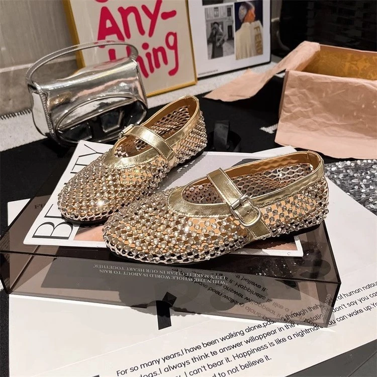 欧洲站水钻一字玛丽珍镂空夏季芭蕾舞鞋渔网鞋单鞋乐福鞋船鞋女鞋