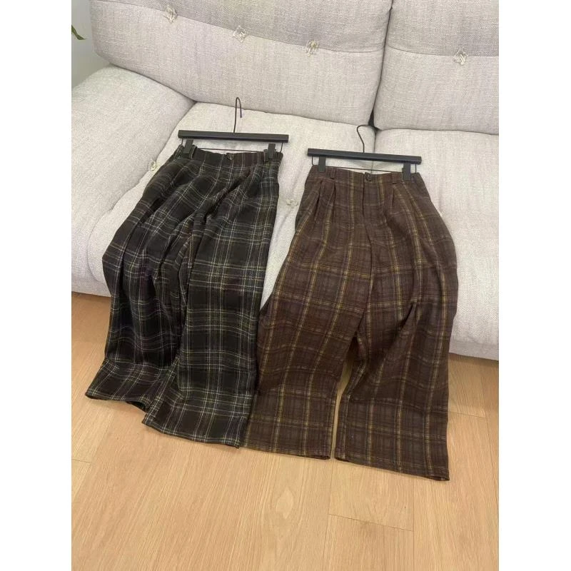 慵懒风复古格子休闲裤女秋冬季阔腿裤宽松拖地裤磨毛裤子不加绒