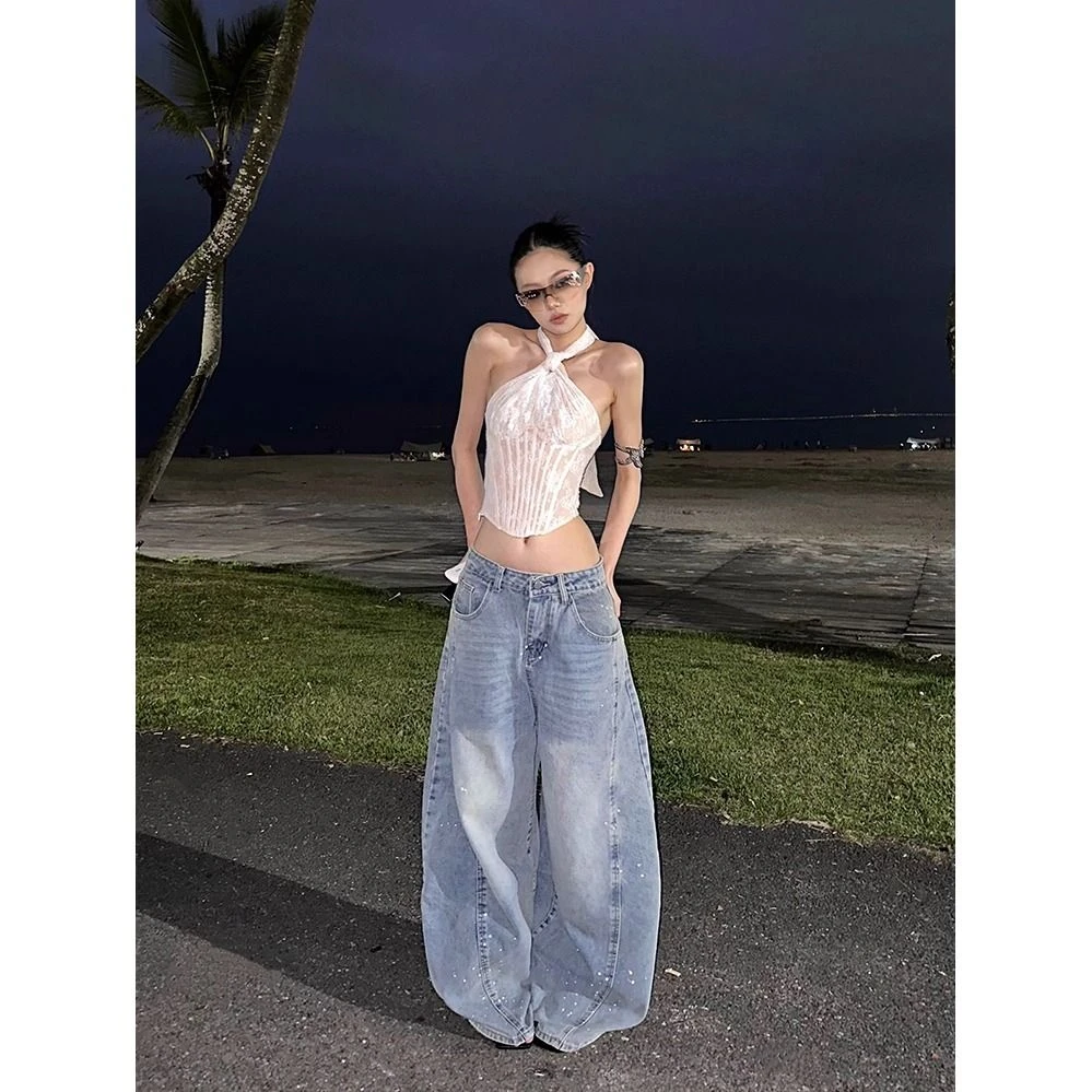 2025辣妹经典街头美式复古水洗蓝显瘦设计宽松阔腿牛仔裤2025年潮