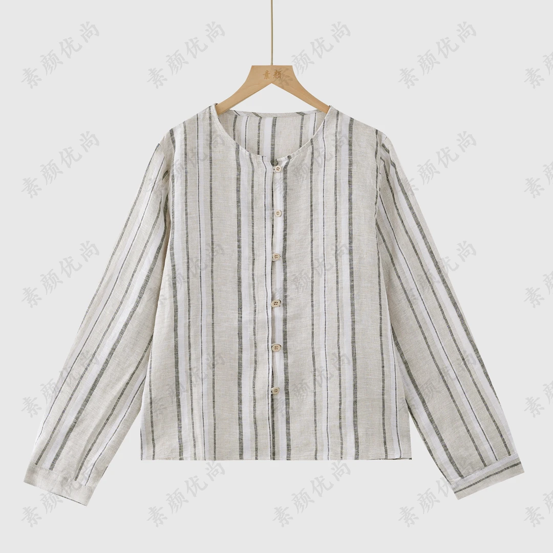 【素颜】2025春季新款竖条纹汉麻圆领长袖上衣
