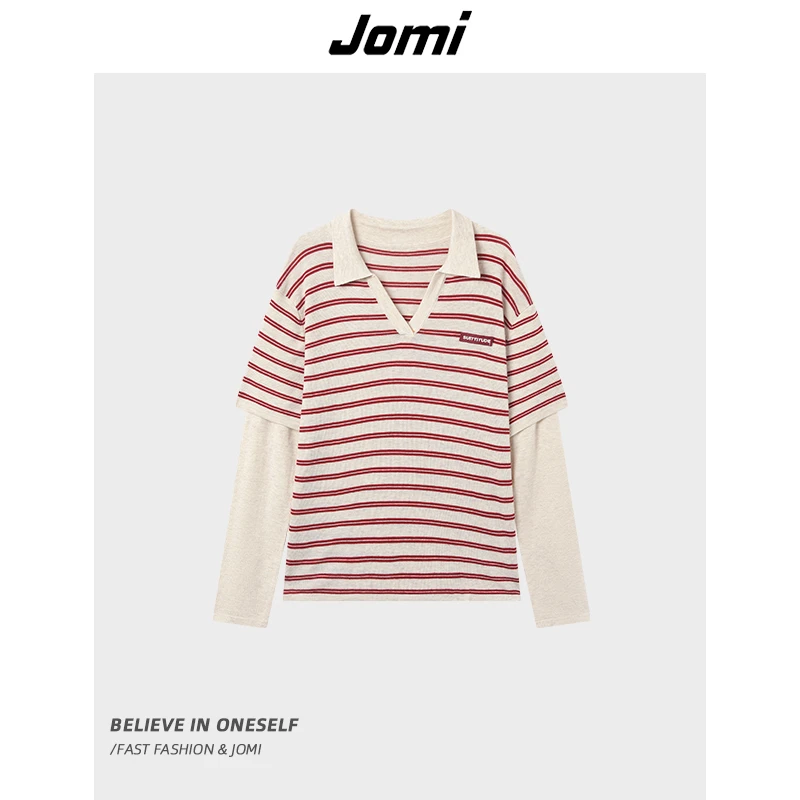 JOMI假两件POLO领条纹针织衫女秋叠穿小众上衣