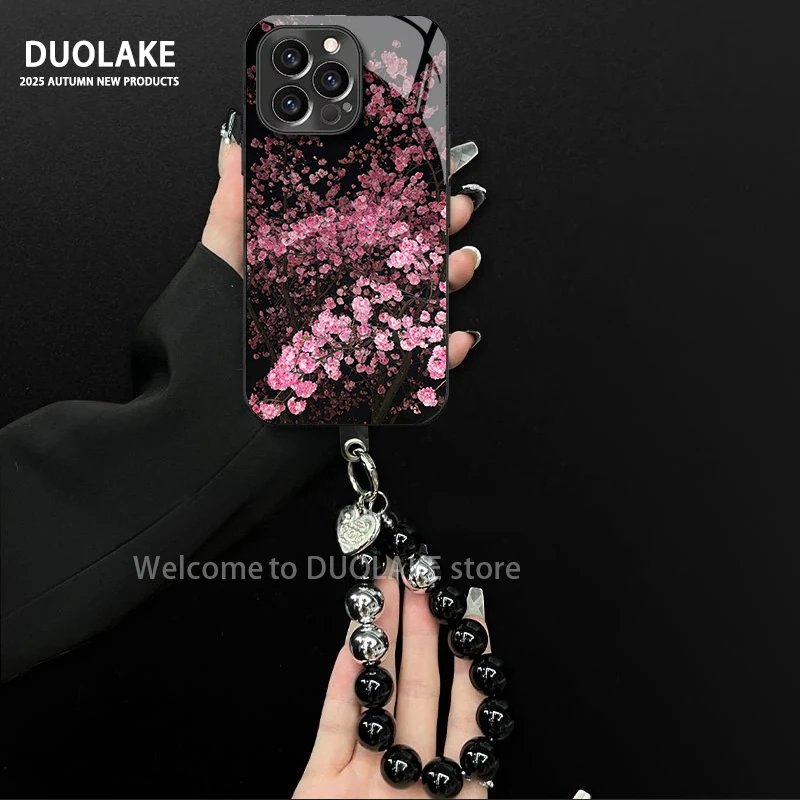 粉色樱花适用苹果vivo华为oppo小米iPhone17电镀玻璃防摔手机壳潮