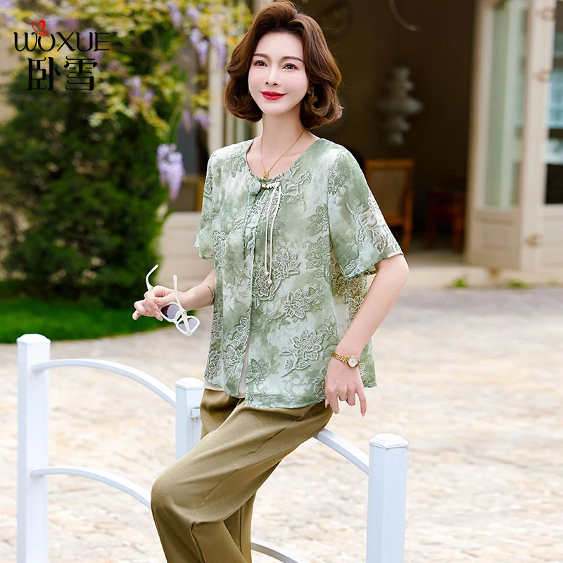 中年妈妈夏装t恤国风上衣服2025新款洋气中老年女装小衫套装衣服