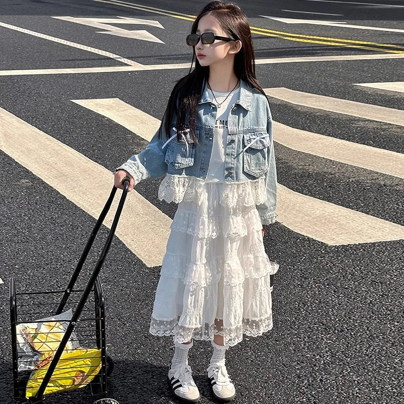 女童秋季花边牛仔外套套装2025新款中大童洋气时髦蛋糕裙两件套潮