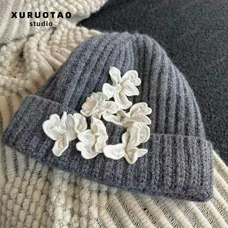 XURUOTAO【花朵帽子】羊毛立体花朵刺绣百搭灰色帽子 T5840