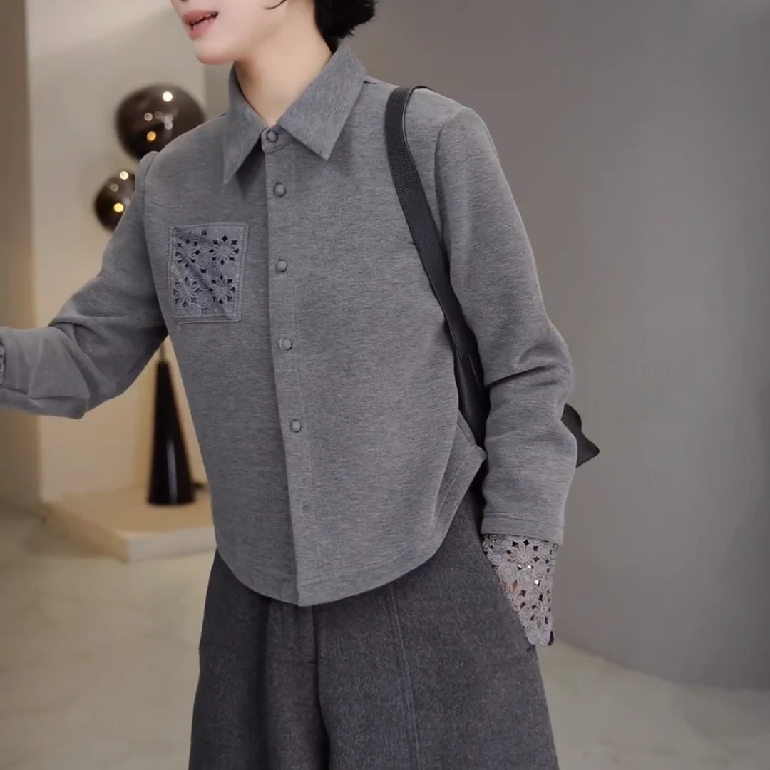 【现货➕运费险】新款钩花翻领单排扣镂空长袖衬衫拼接百搭正肩开衫