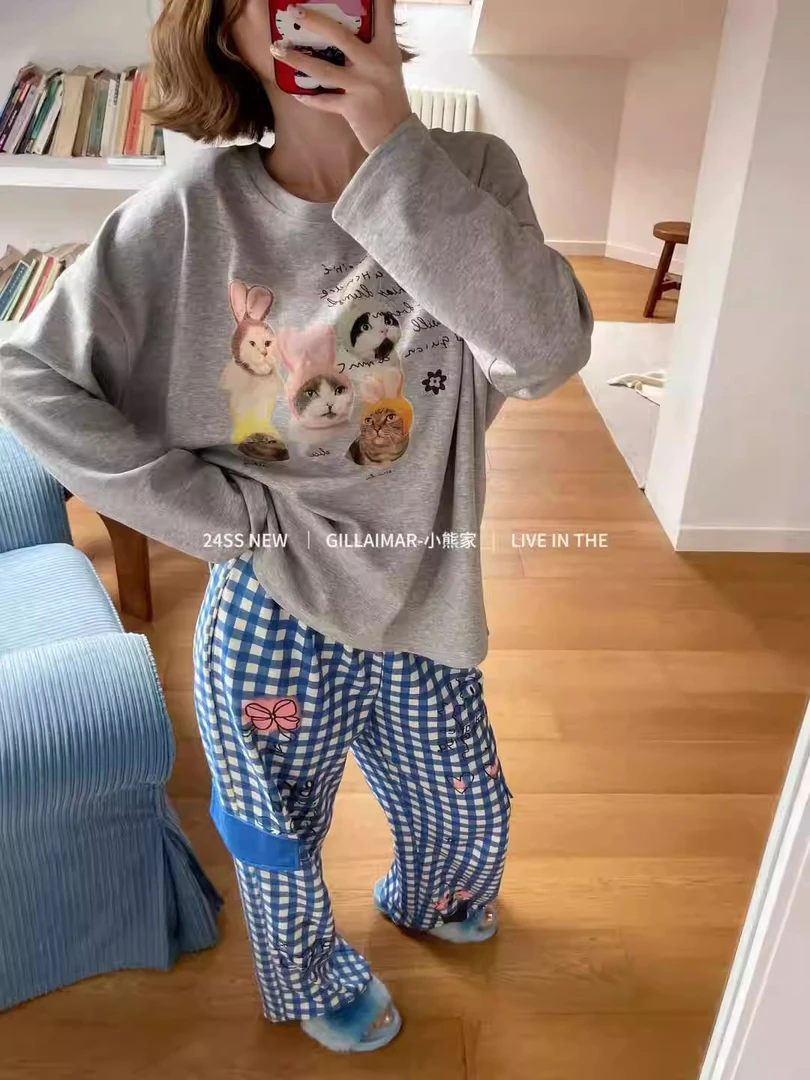 新款爆款秋季棉质睡衣女士长袖长裤套装出门带胸垫宽松大码家居服