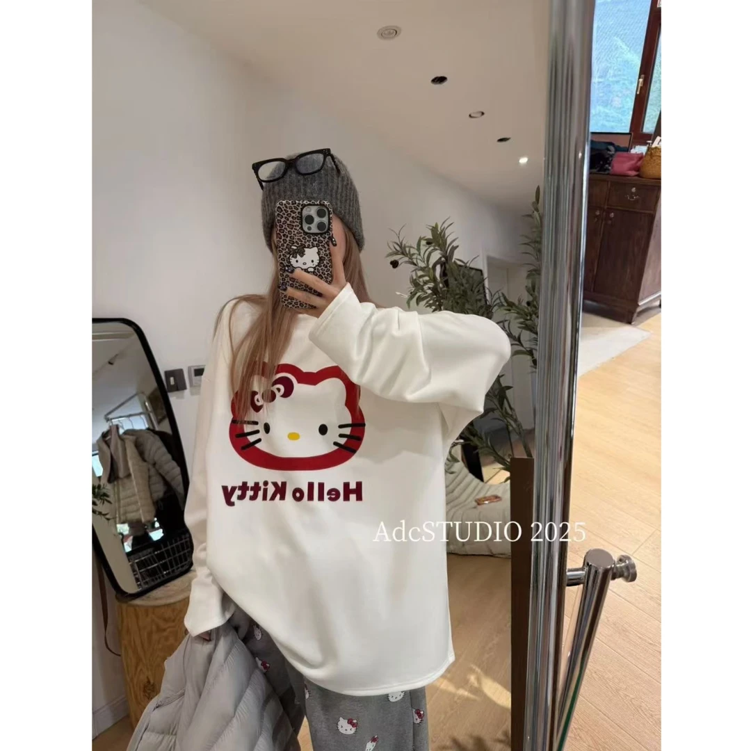 【现货-德绒KT猫白打底】東room2025冬季新款韩版德绒KT长袖T恤女