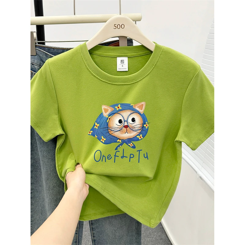 正肩大码短袖t恤女夏装新款设计感卡通猫咪印花时尚休闲半袖上衣