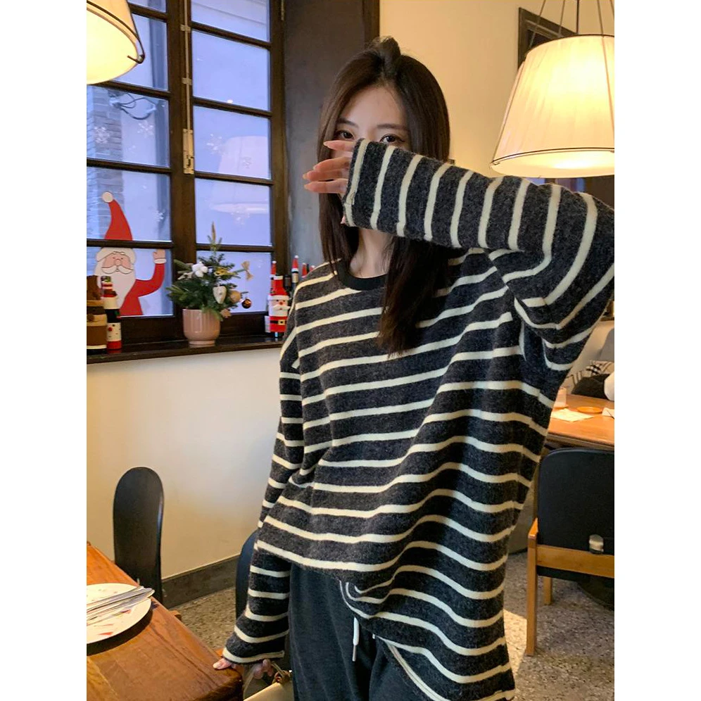 双面磨毛秋冬慵懒风休闲撞色条纹2025新款宽松长袖圆领百搭T恤