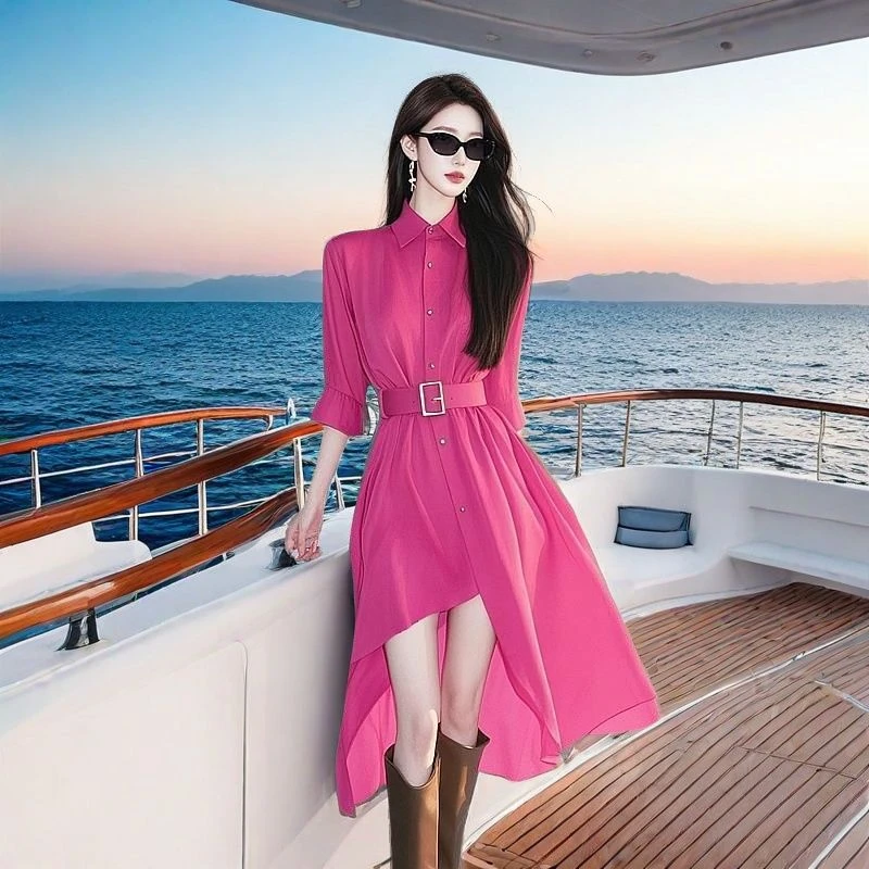 送腰带!2025春季新款多巴胺绝美法式气质独特超好看玫红色衬衫裙