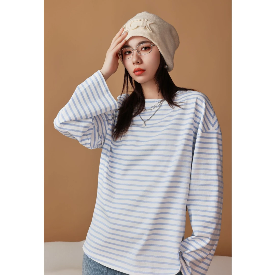 AMASS/阿玛施新款早春女装时尚显瘦条纹长袖t恤宽松百搭女5301090