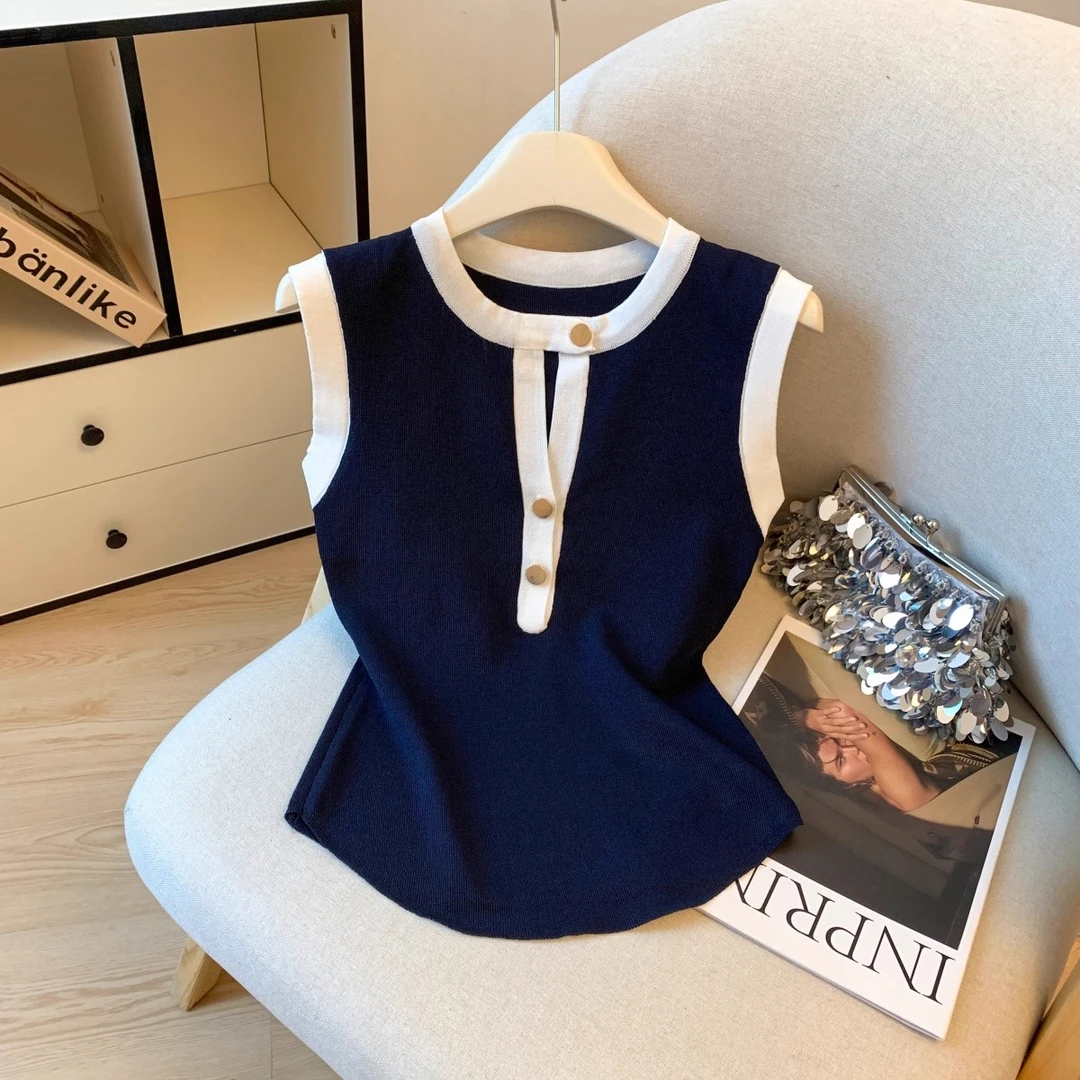 韩系撞色圆领坎肩无袖针织衫女夏季设计感修身显瘦掐腰背心上衣潮