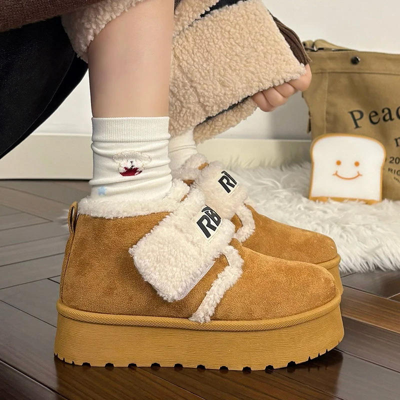 人本魔术贴雪地靴女款冬季2025新款百搭爆款厚底加绒保暖毛毛棉鞋
