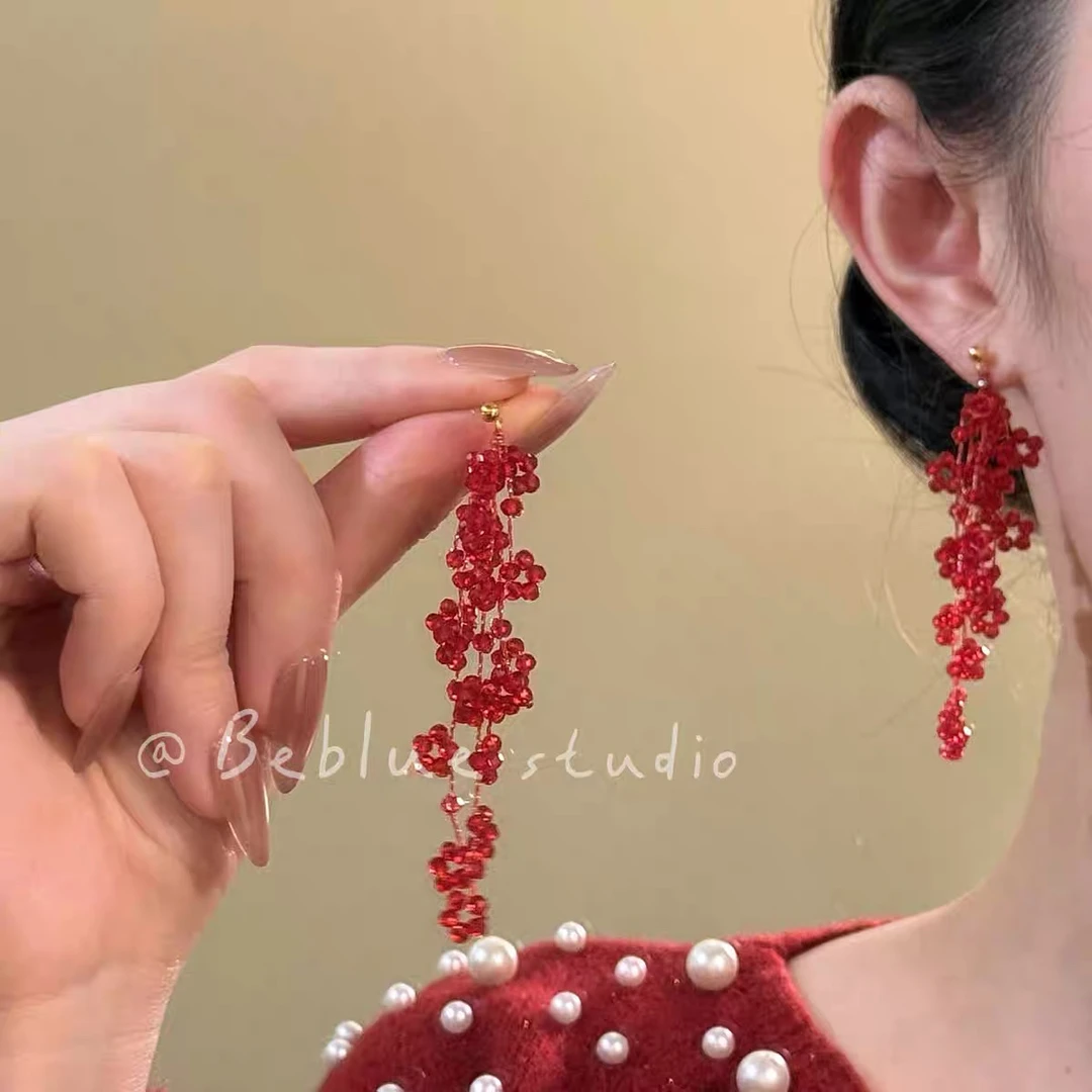 合金亚克力耳饰 显白复古酒红色花朵耳钉编织串珠耳环新年耳饰