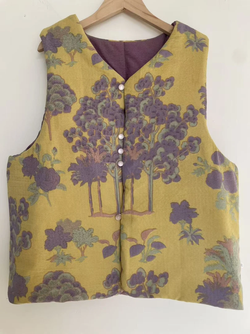 复古风繁花映金水洗棉花马甲