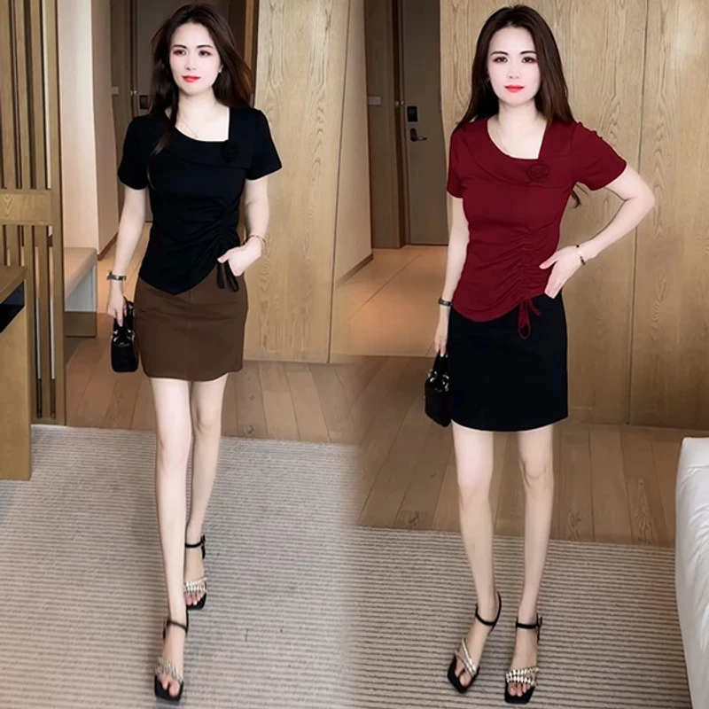 短袖耐磨常规款修身型INS风T恤修身辣妹开叉短款时尚上衣套装