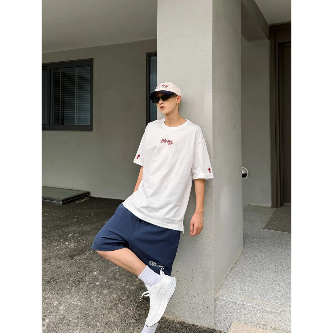 美式趣味箭头字母印花短袖T恤男女夏季百搭休闲重磅纯棉圆领上衣