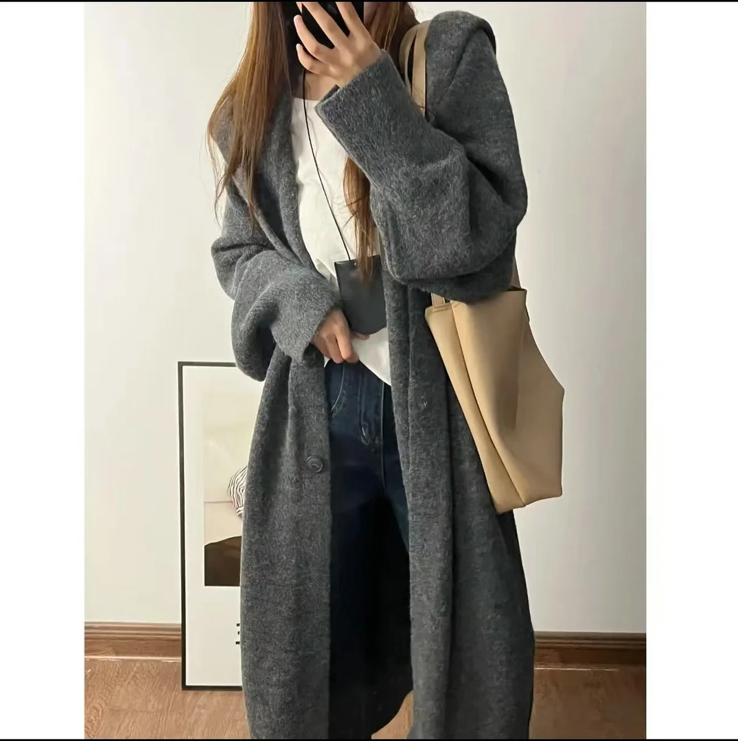 小九九 秋冬新款大连帽针织衫开衫毛衣外套宽松女慵懒加厚22872