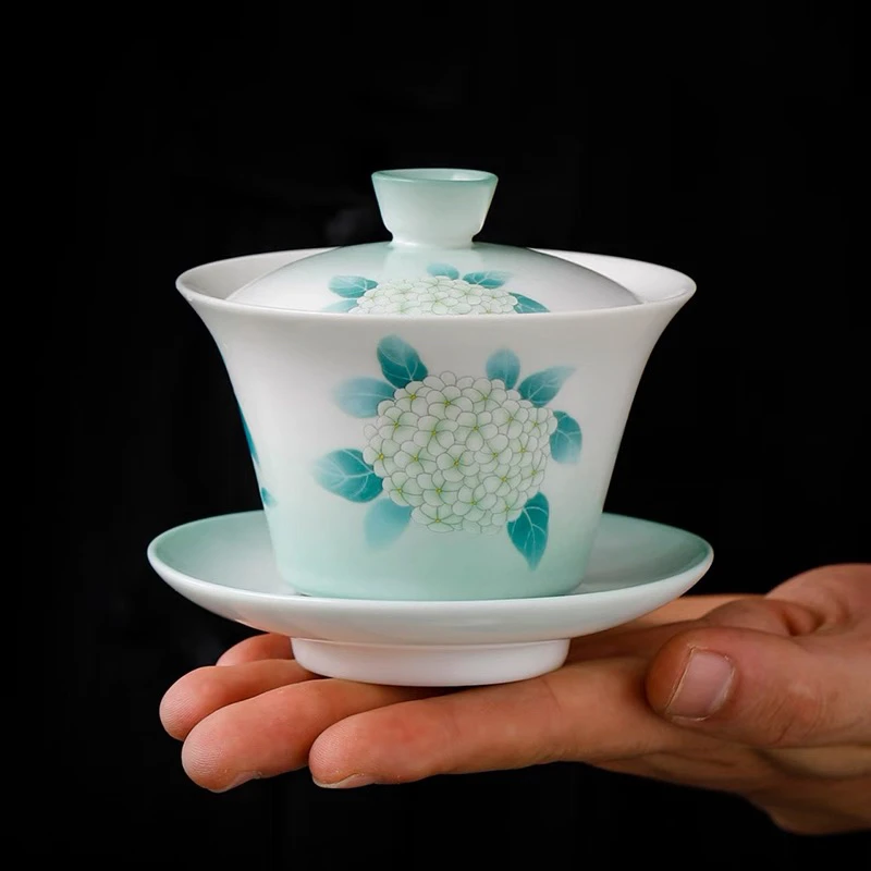 盖碗陶瓷茶具茶碗白瓷家用单个渐变绣球花