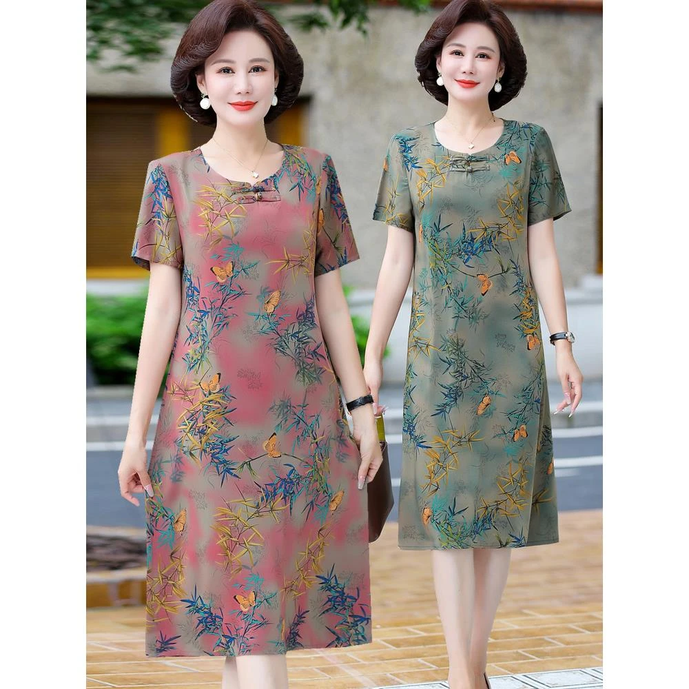 母亲节妈妈裙子夏装洋气中老年人女短袖连衣裙2025新款改良旗袍裙