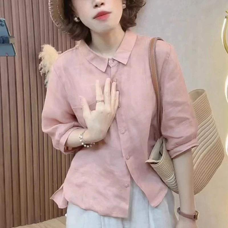 高级翻领苎麻冰丝衬衫女2025年夏季新款纯色减龄小衫时尚气质上衣