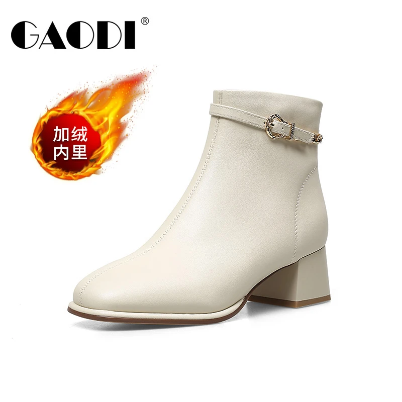 GAODI/高蒂秋冬高蒂女牛皮粗跟短靴中跟加绒高跟时尚34073-807R