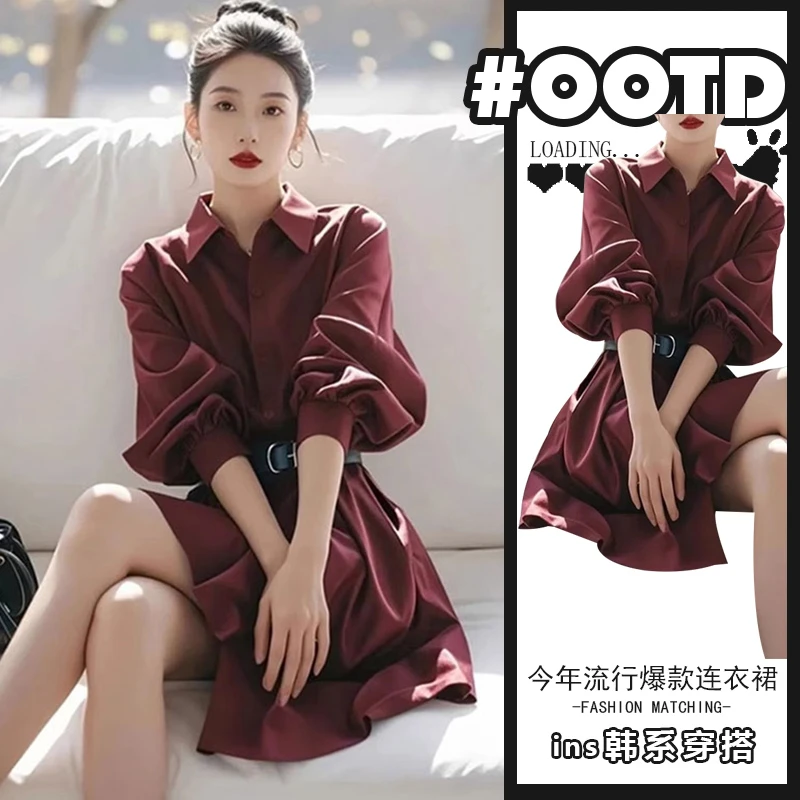 春秋2025法式复古收腰显瘦连衣裙女时尚洋气百搭减龄polo领衬衫裙