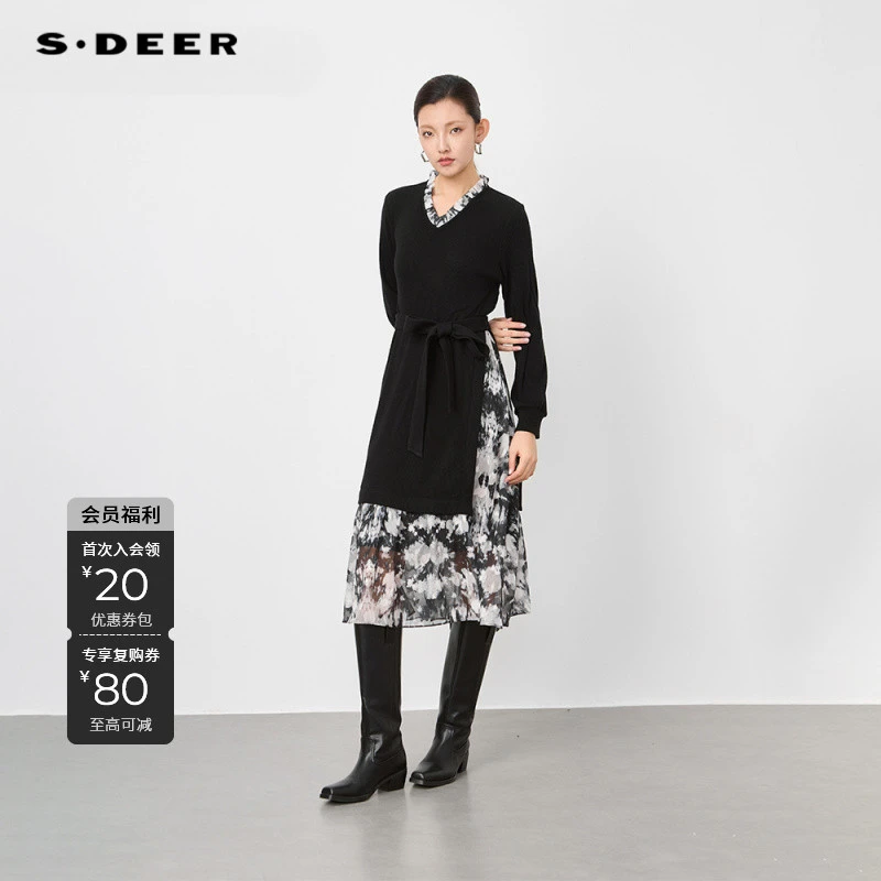 S·DEER圣迪奥长袖裙子蕾丝优雅轻奢时尚女士黑色冬季连衣裙女夏季