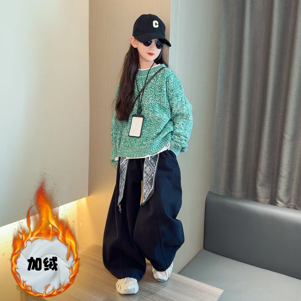 女童毛衣秋冬套装2025新款儿童针织上衣大童洋气打底衫加绒弯刀裤
