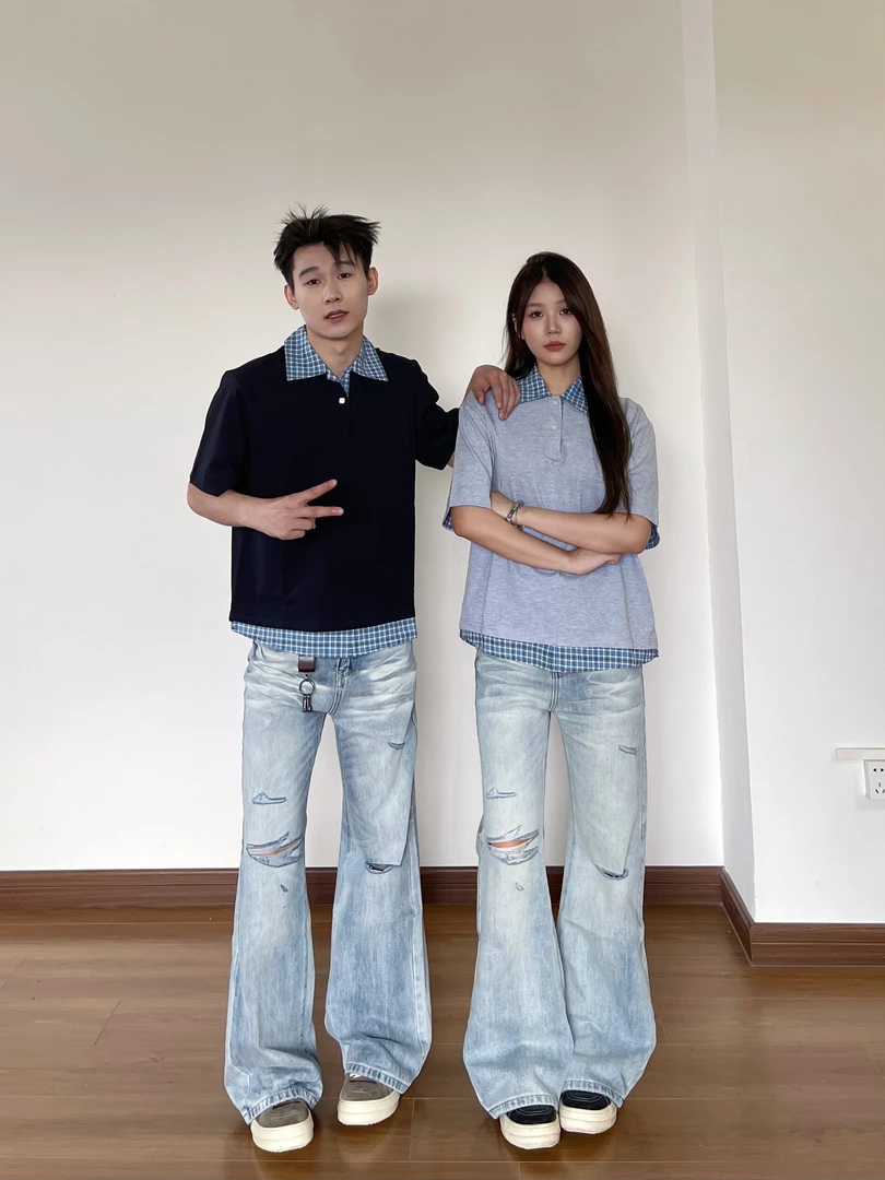 YYMDG美式复古假两件格子拼接短袖T恤男女夏季宽松休闲情侣上衣潮