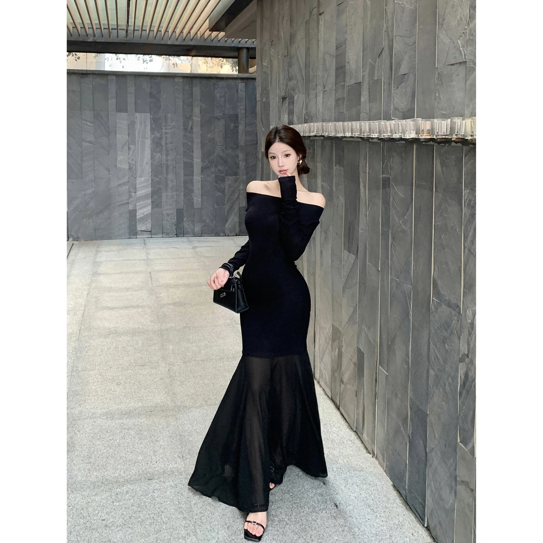 法式黑色长袖针织连衣裙子女早春季高级感雪纺拼接气质显瘦包臀裙