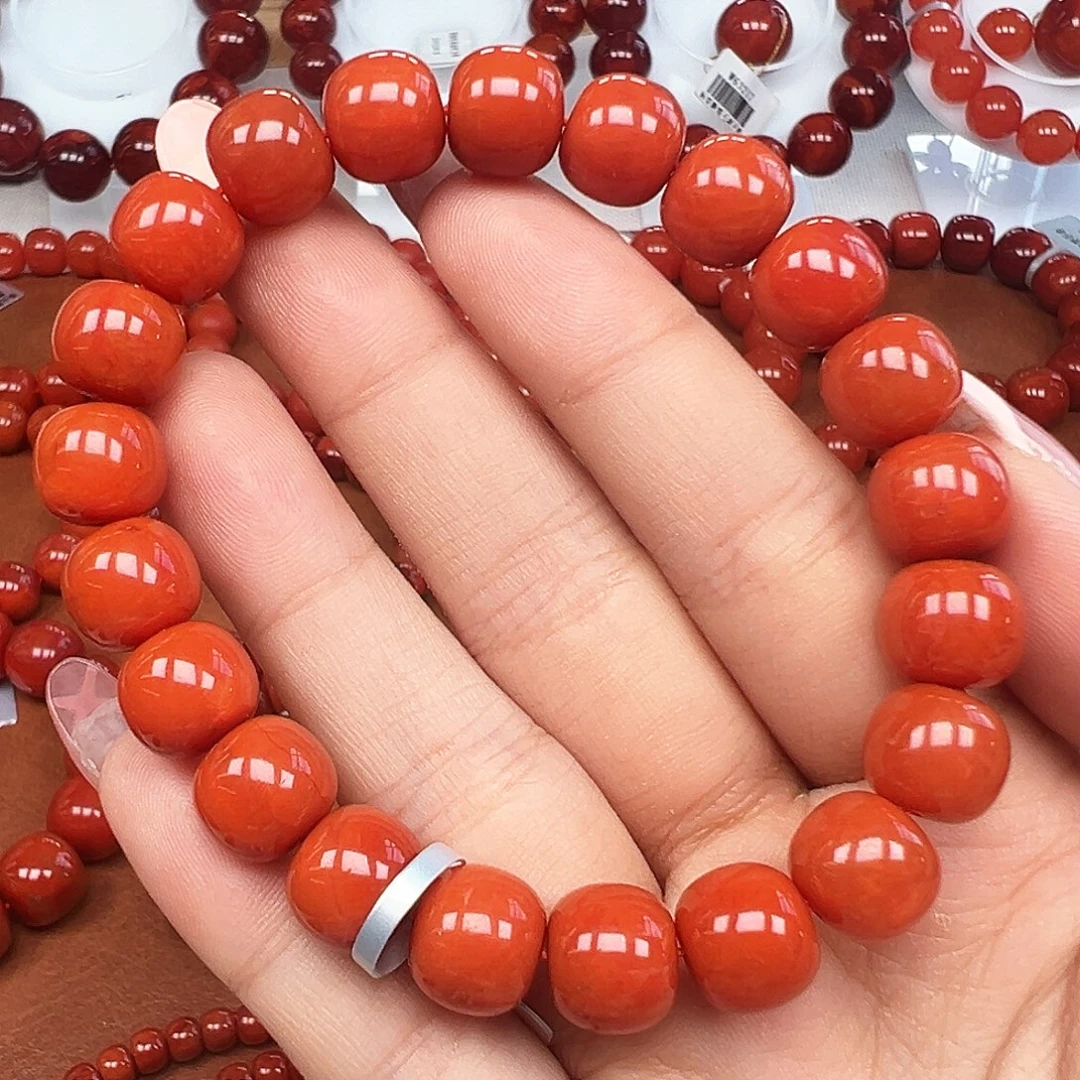 南红玛瑙未镶嵌手串精品 瓦西满肉柿子红卡10mm+