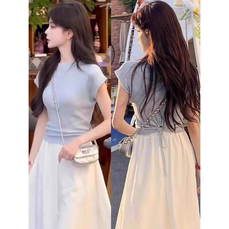 冰丝针织蓝色短袖T恤女2025新款夏季收腰小衫短款上衣搭配半身裙