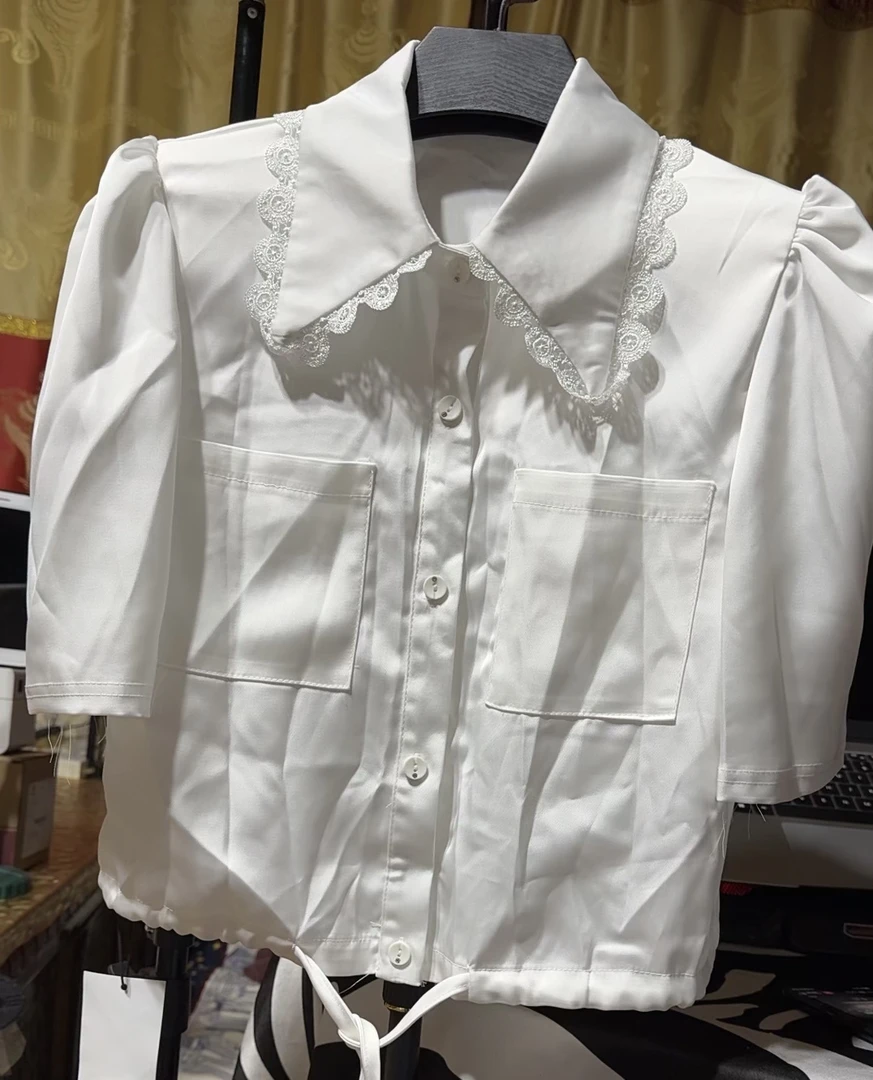 048夏季新款时尚镂空花边系泡泡短袖