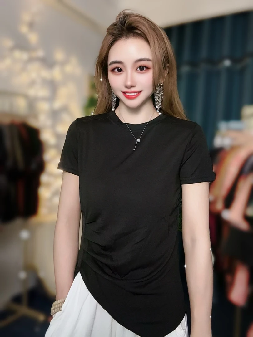 【夏季新款】斜切修身圆领欧货褶皱工艺简约百搭短袖T恤2580