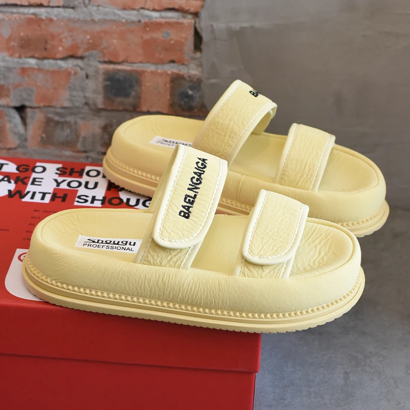 shougu/首谷2025夏季新款魔术贴厚底黄色拖鞋女休闲云朵一字拖女