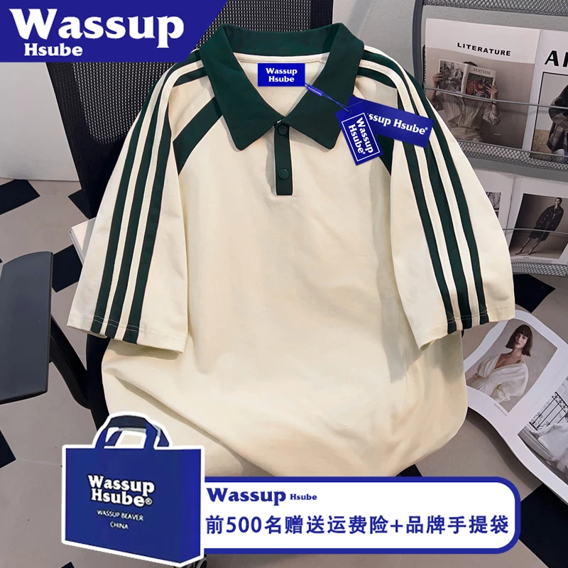 WASSUP HSUBE国潮美式纯色纯棉潮流短袖男女舒适POLO衫ins夏季T恤