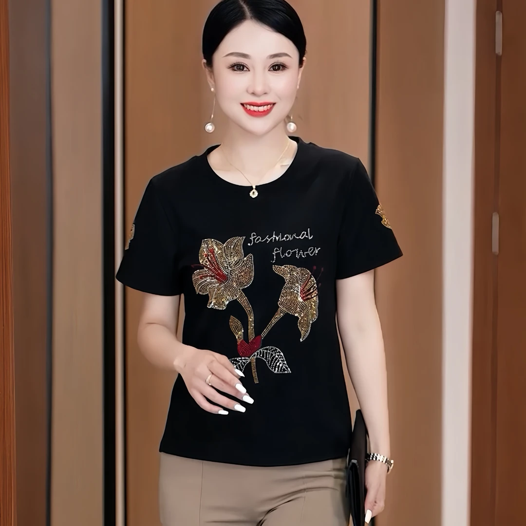 2025夏设计重工感烫钻洋气百搭修身显瘦短袖圆领T恤时尚妈妈上衣
