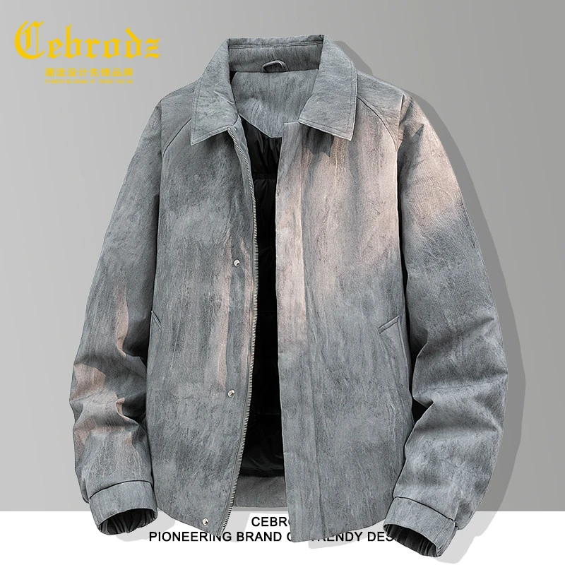 法国Cebrodz中年御寒保暖翻领羽绒服冬季男加厚防风休闲外套扎染