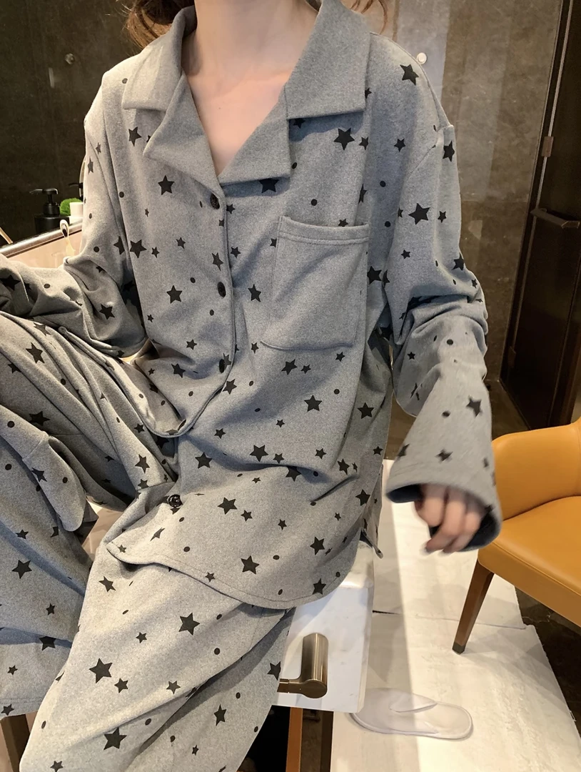 韩系少女甜美灰星星德绒加厚保暖睡衣女秋冬长袖长裤家居服可外穿