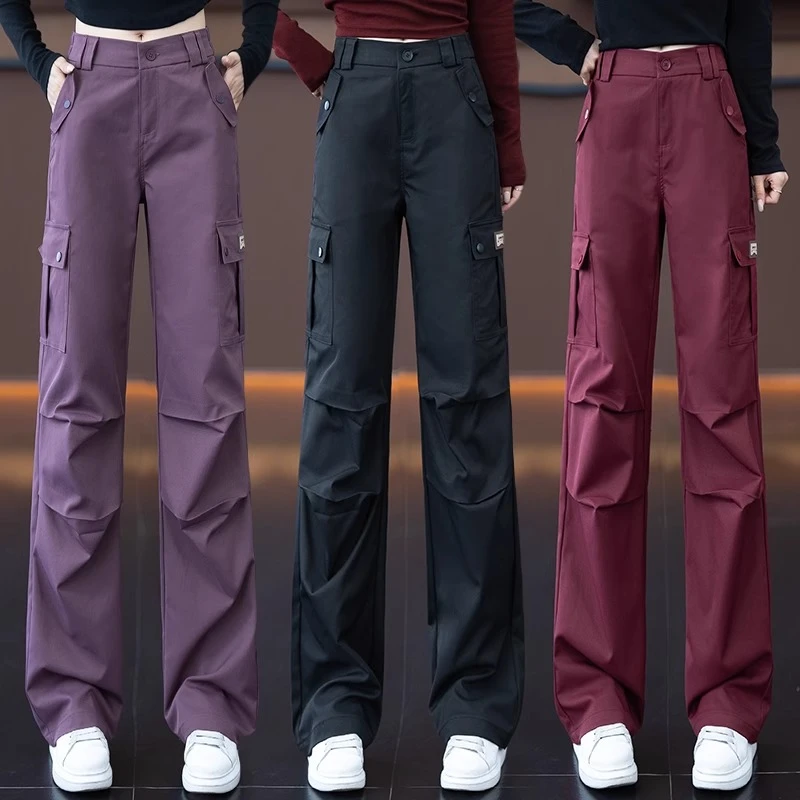 安格拉红运动工装裤女春秋2025新款高腰宽松显瘦多口袋直筒阔腿裤