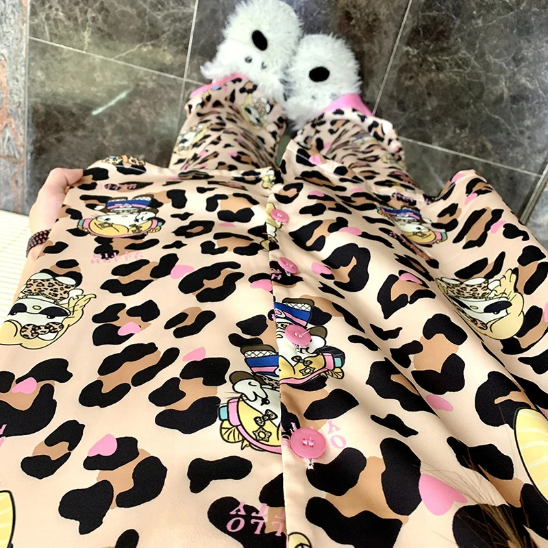 侘町2025年新款豹纹Kitty短袖长裤冰丝睡衣女夏季卡通家居服套装