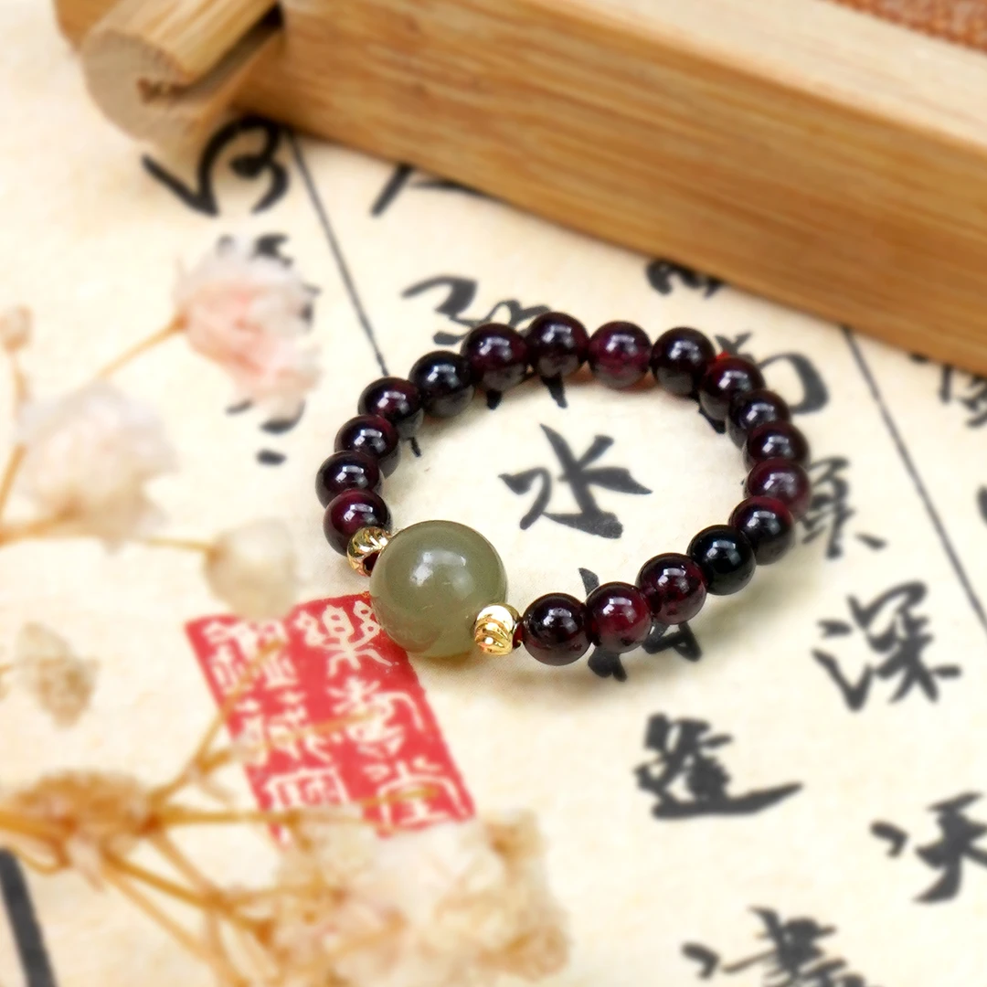 石榴石小米珠戒指和田玉弹力绳指环戒指QF-J01