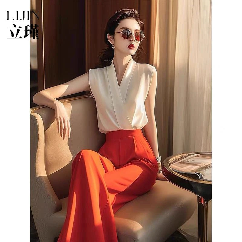 小香风干练气质女装炸街减龄时尚法式白色无袖上衣阔腿裤两件套装